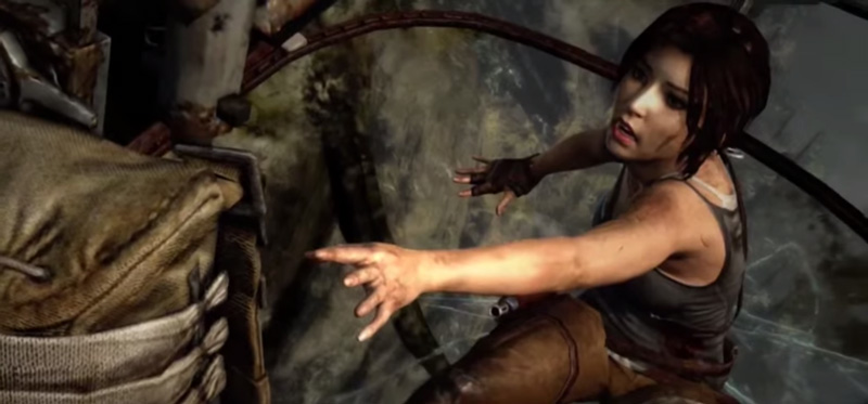 Lara Croft trying to grab a parachute before falling